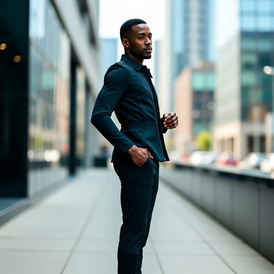 African-American man in black suit urban street