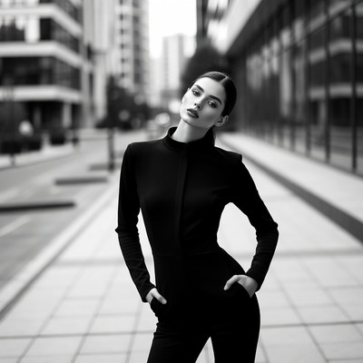 Woman in black jumpsuit urban street