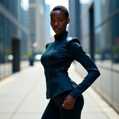 African-American woman in leather jacket urban street