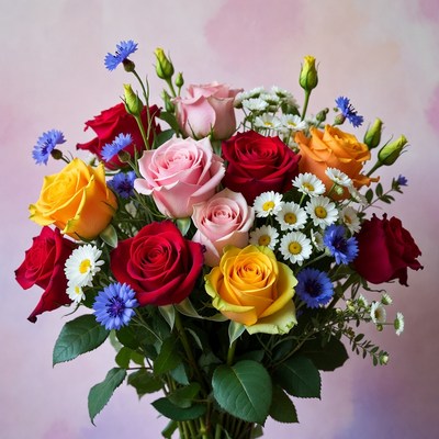 Colorful Rose Bouquet with Daisies