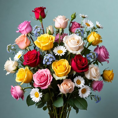 Colorful Rose Bouquet with Daisies