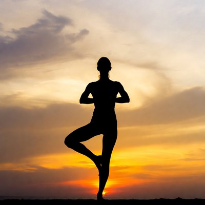 Woman in Tree Pose Silhouette at Sunset