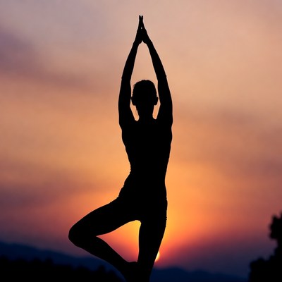 Woman in tree pose yoga silhouette sunset