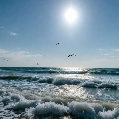 Seagulls flying over ocean waves