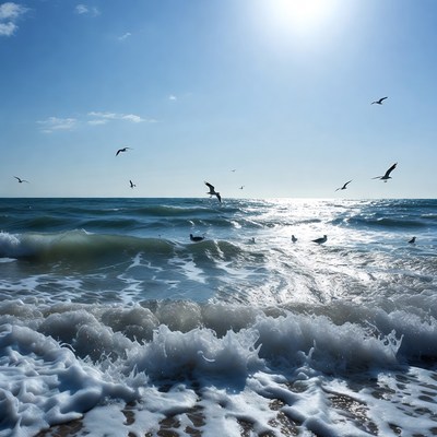 Seagulls Flying Over Ocean Waves