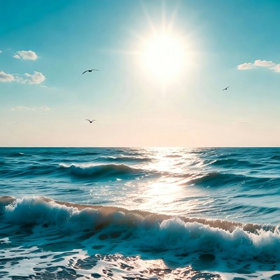 Sunny Ocean Waves with Seagulls