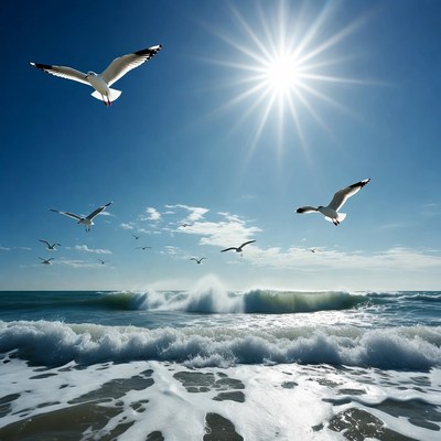 Seagulls Flying Over Ocean Waves