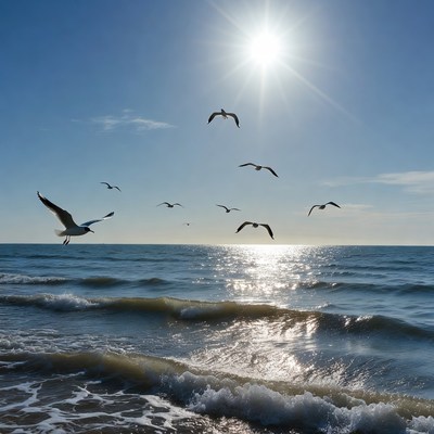 Seagulls Flying Over Sunny Ocean Waves
