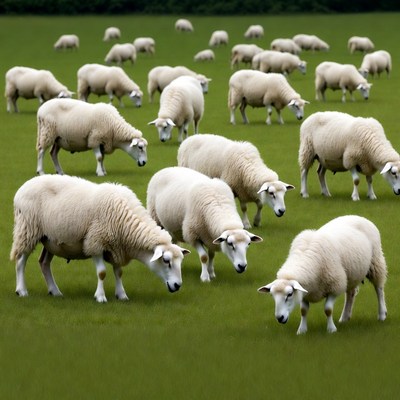 Herd of sheep grazing in green field