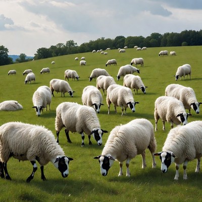 Herd of sheep grazing on green hill