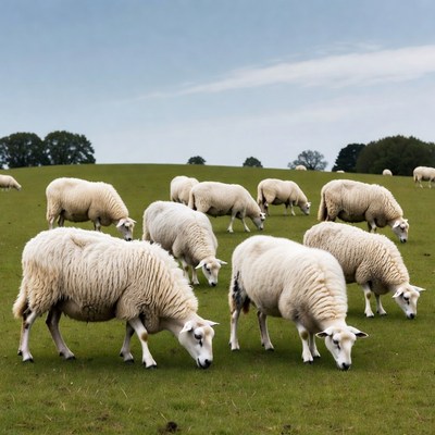 Herd of sheep grazing on green hill