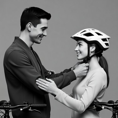 Man helping woman adjust bike helmet