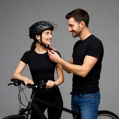Man helping woman adjust bike helmet
