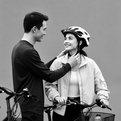 Man adjusting woman's bike helmet