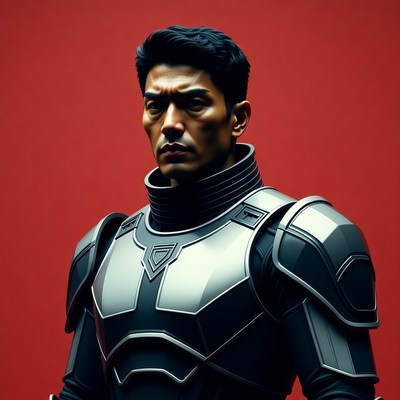 Asian man in futuristic silver armor