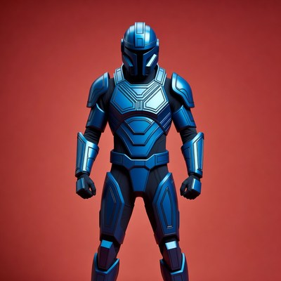 Blue Mandalorian Armor on Red Background
