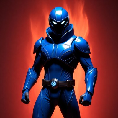 Blue armored superhero with flames
