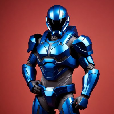 Blue Armored Soldier on Red Background