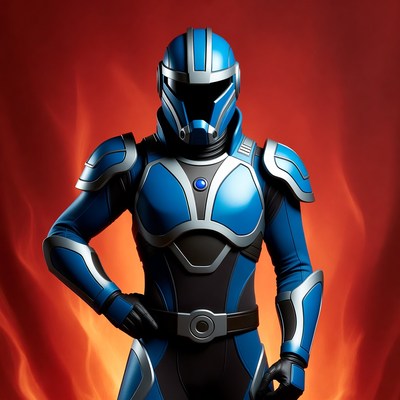 Blue Armored Power Ranger on Fiery Background