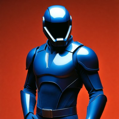 Blue armored astronaut on orange background