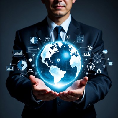 Businessman holding digital globe