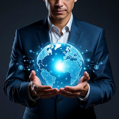 Man holding glowing digital globe