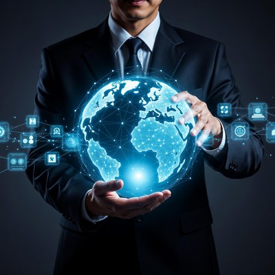 Asian businessman holding digital globe