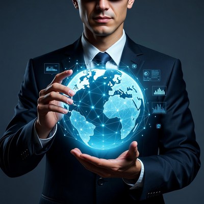 Man holding digital globe