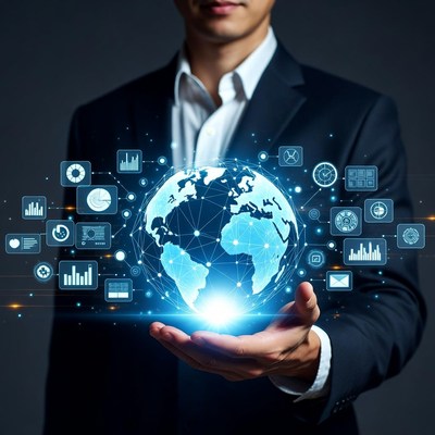 Asian man holding digital globe