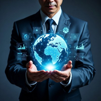 Asian businessman holding digital globe