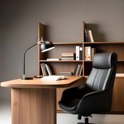 Modern Wooden Desk with Black Leather Chair