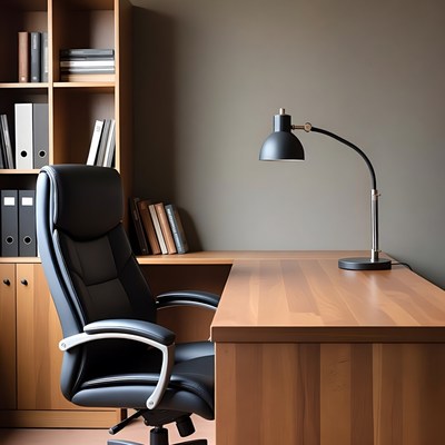 Empty Wooden Desk with Black Chair