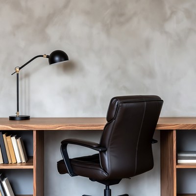 Empty Wooden Desk with Leather Chair