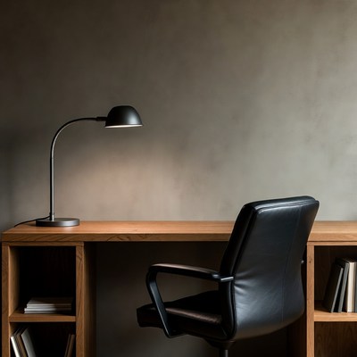 Empty Wooden Desk with Black Lamp
