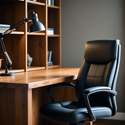 Empty Wooden Desk with Black Leather Chair