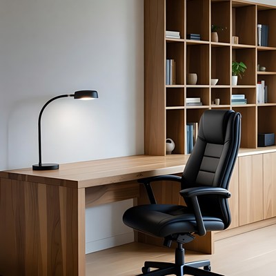 Modern Wooden Desk with Black Leather Chair
