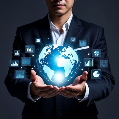 Asian man holding global data globe