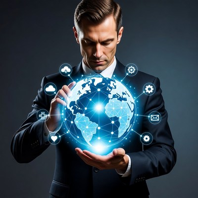 Businessman holding digital globe