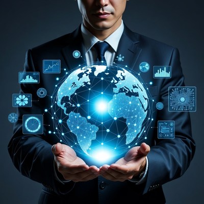 Asian man holding digital globe