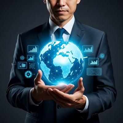 Asian man holding digital globe