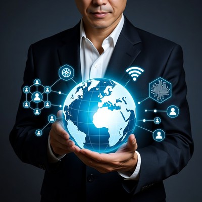Asian man holding digital globe