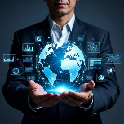 Man holding digital globe