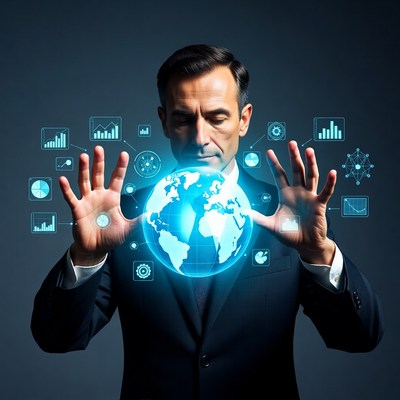 Man holding glowing globe with data