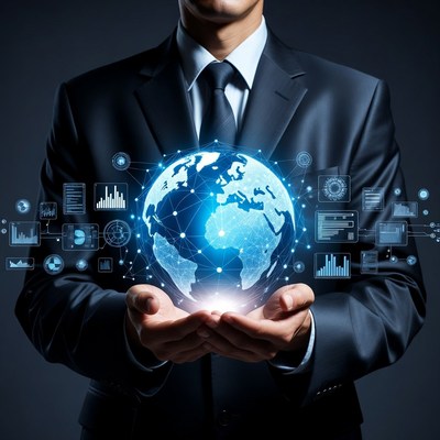 Businessman holding digital globe