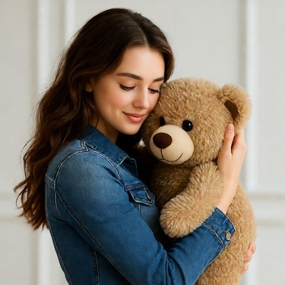 Woman hugging teddy bear