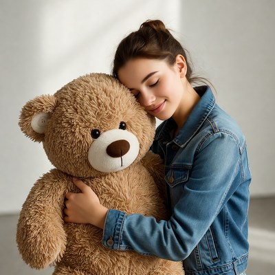 Girl hugging giant teddy bear