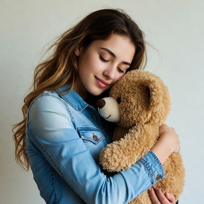 Young woman hugging teddy bear