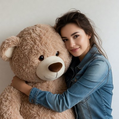Woman hugging giant teddy bear