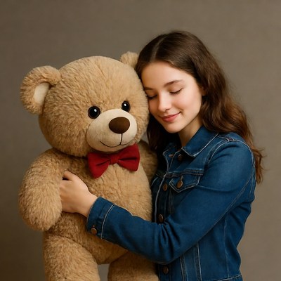 Girl hugging giant teddy bear