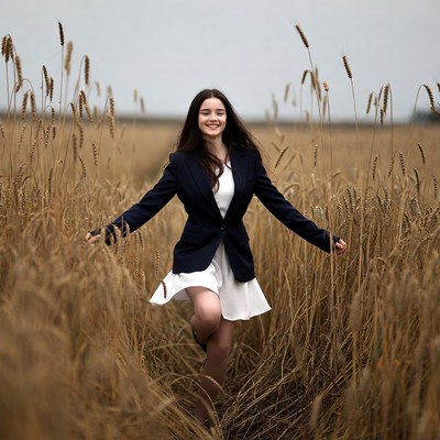 Young woman in blazer running through wheat field